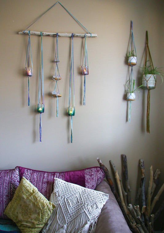 large driftwood Quartz Crystal 4 pot hanging planter / candle holder wall decor / Earthy home decor / plant wall hanging / large Quartz